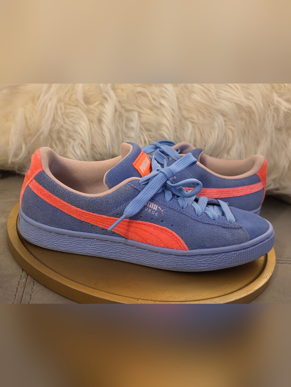 PUMA Suede Classic Sneakers in Periwinkle w/ Neon Coral Stripe Fits Woman SZ 7.5